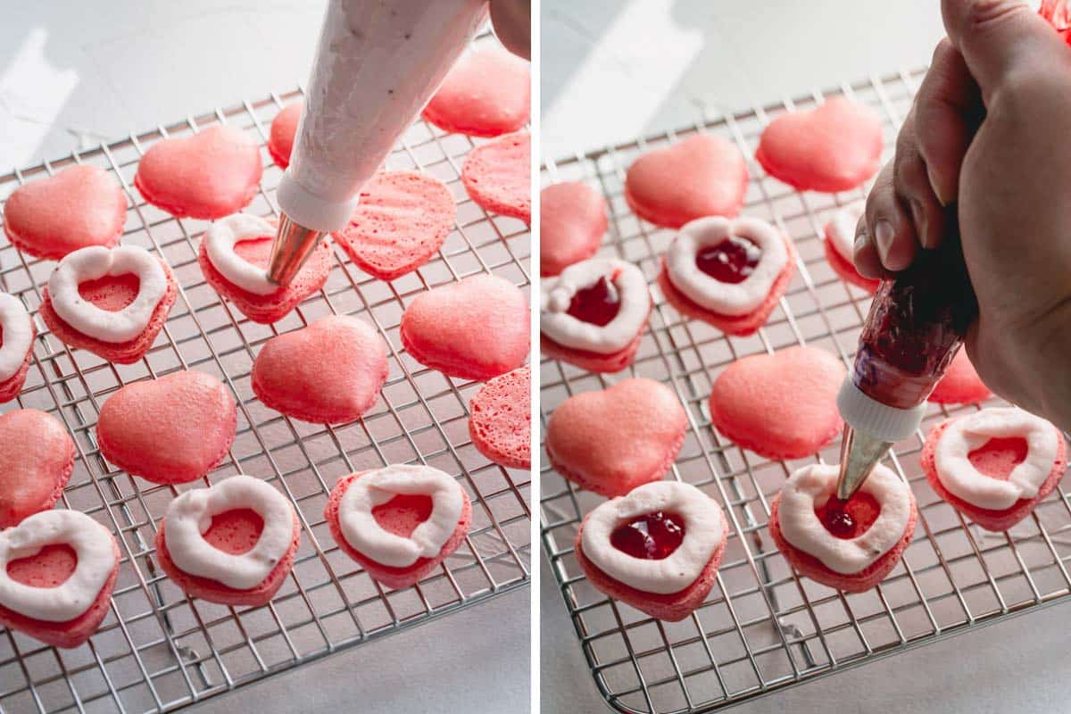 Side by side images of piping the filling on macaron shells.