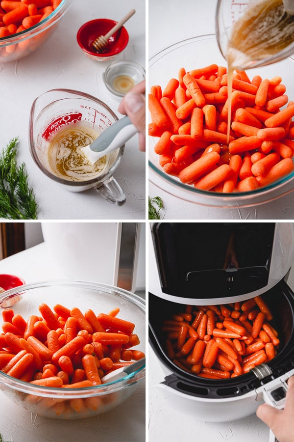 These beautiful honey glazed roasted carrots are made in an air fryer in less than 25 minutes!! The carrots are flavorful, slightly caramelized and most importantly quick and easy to make! #roastedcarrots #honeyglazedroastedcarrots #babycarrotsrecipe #airfryerrecipes