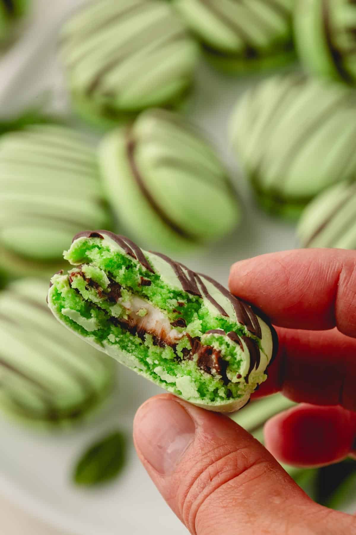 Green mint chocolate ganache with a bite taken exposing white mint candy center.