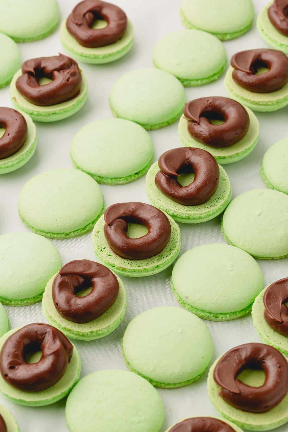 Green macaron shells with a ring of chocolate ganache piped on the bottom side of macarons.