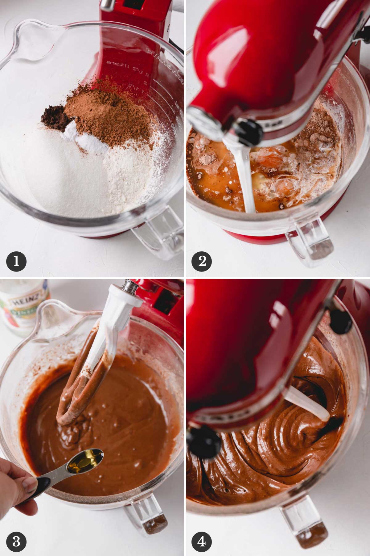 Step by step photos of making chocolate cake batter.