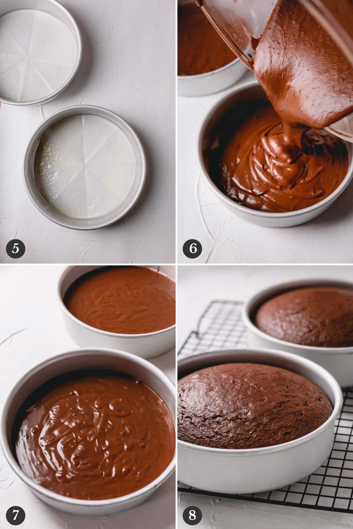 Step by step photos of baking chocolate cake layers.