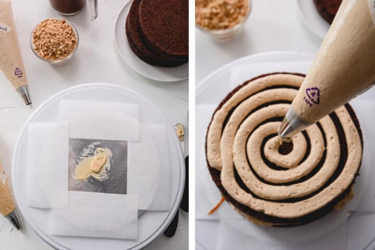 Side by side images of cake board on a cake turner with frosting smear in the middle and 4 parchment paper covering the edges of the board, and a layer of chocolate cake with a frosting piped all over it.