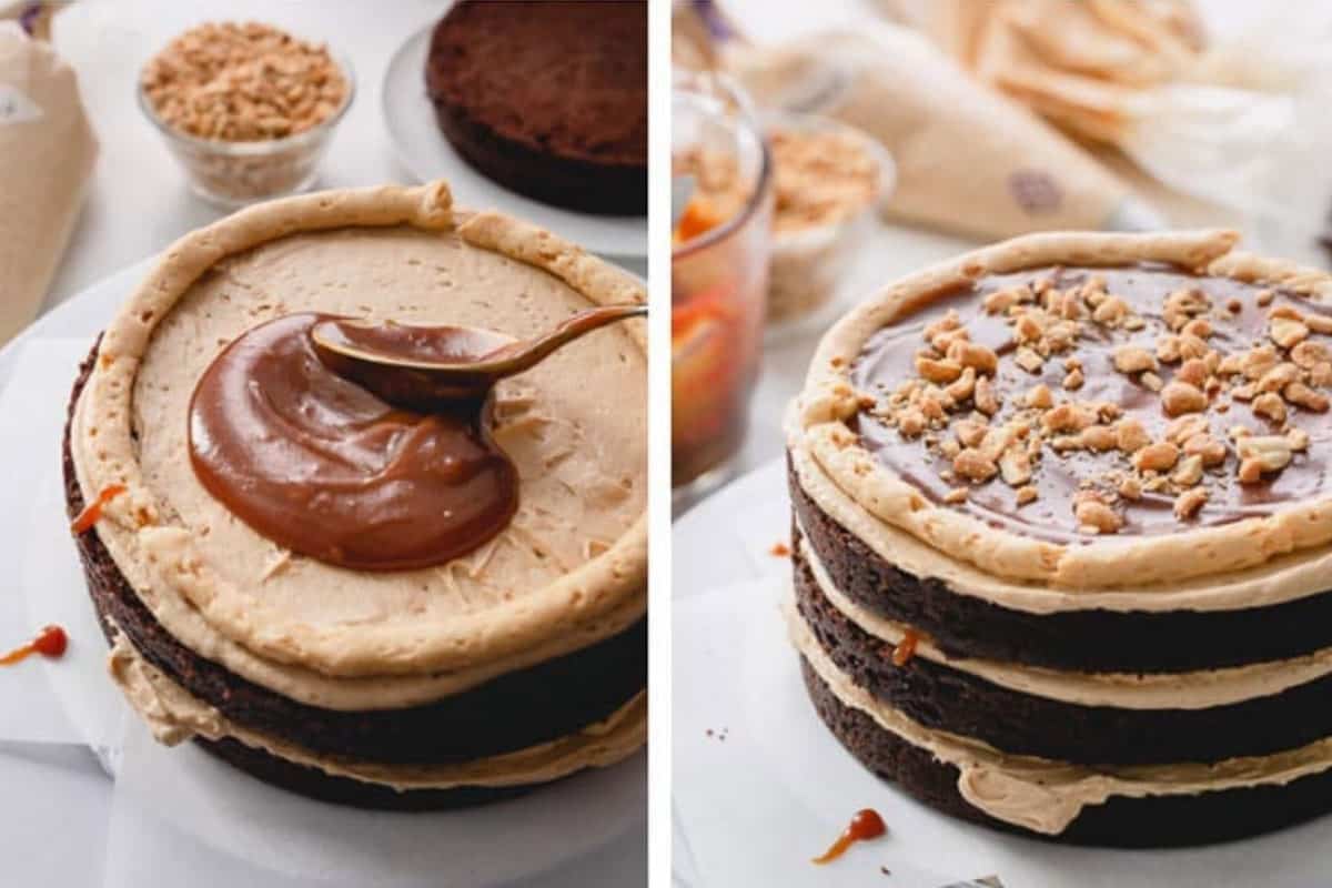 Side by side images of cake layer covered with frosting and dollop of caramel sauce in the middle and caramel sauce spread in the center and sprinkled with crushed peanuts.