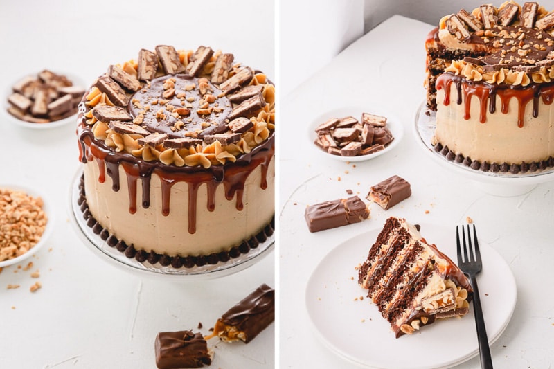 This irresistible Snickers Cake is made of layers of softest chocolate cake, caramel buttercream, peanut butter buttercream, salted caramel and generous amount of crushed peanuts!!! Step by step photos are included for your success! #snickerscake #layercake
