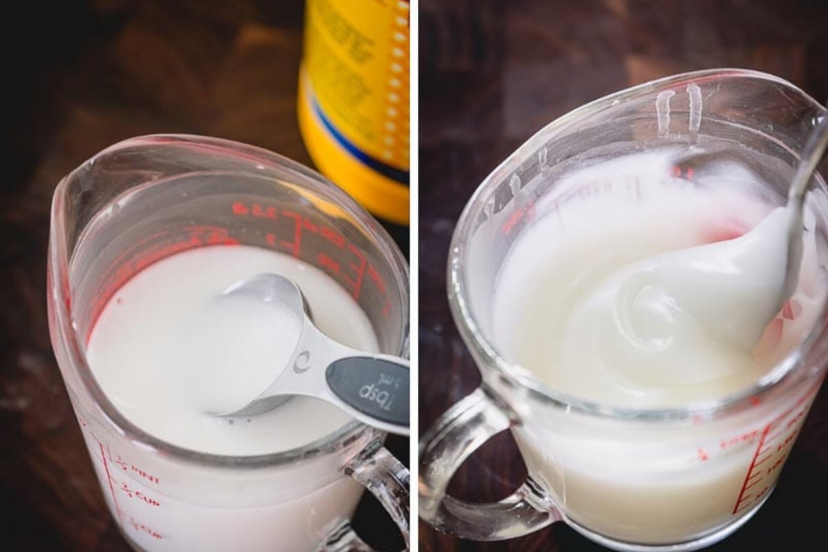 Side by side images of cornstarch mixture in 1-cup liquid measuring cup before and after microwaving. The mixture on the right looks smooth, thick and glossy.