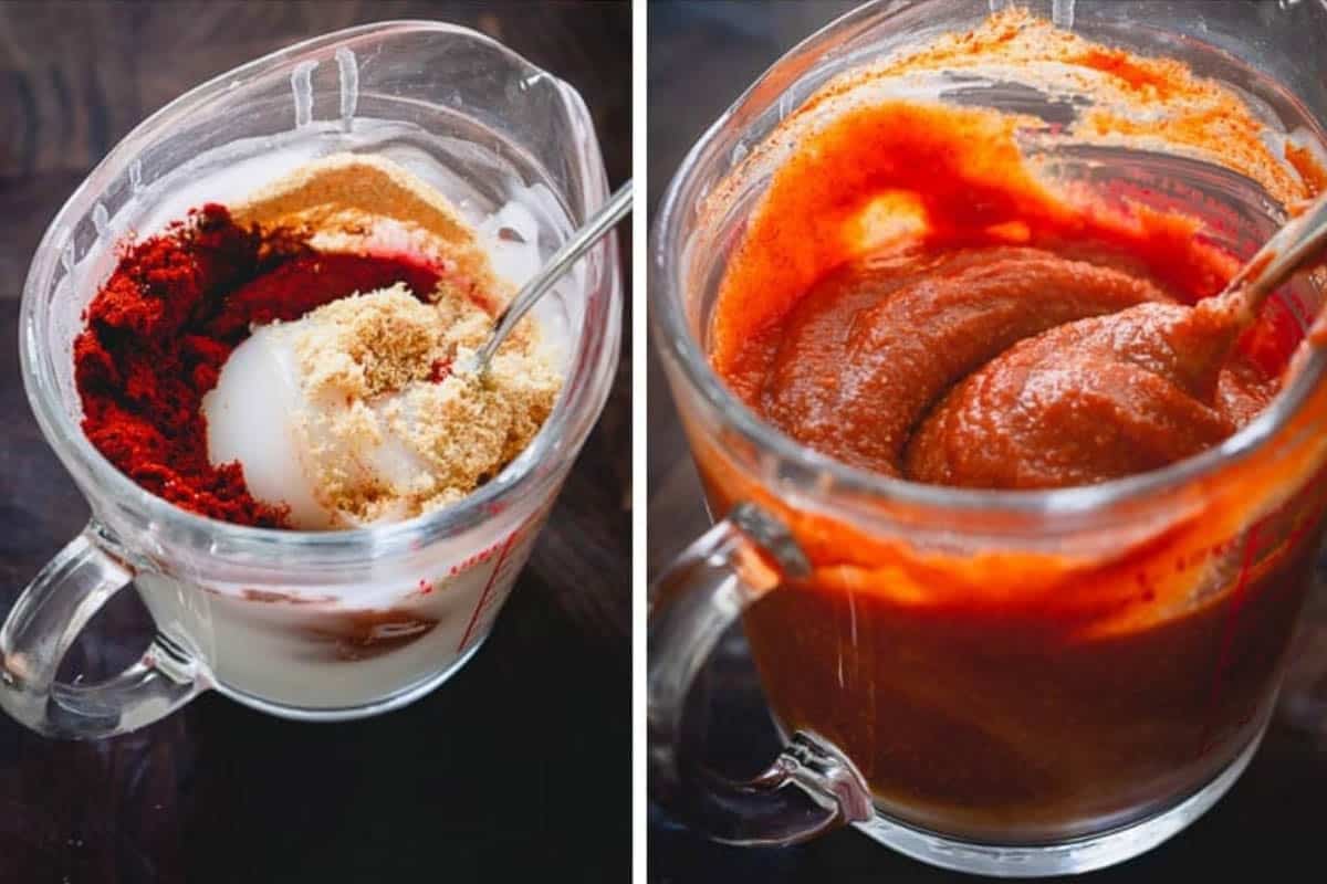 Side by side images of added paprika and garlic powder over the gelatinous cornstarch mixture and final mixed mixture.