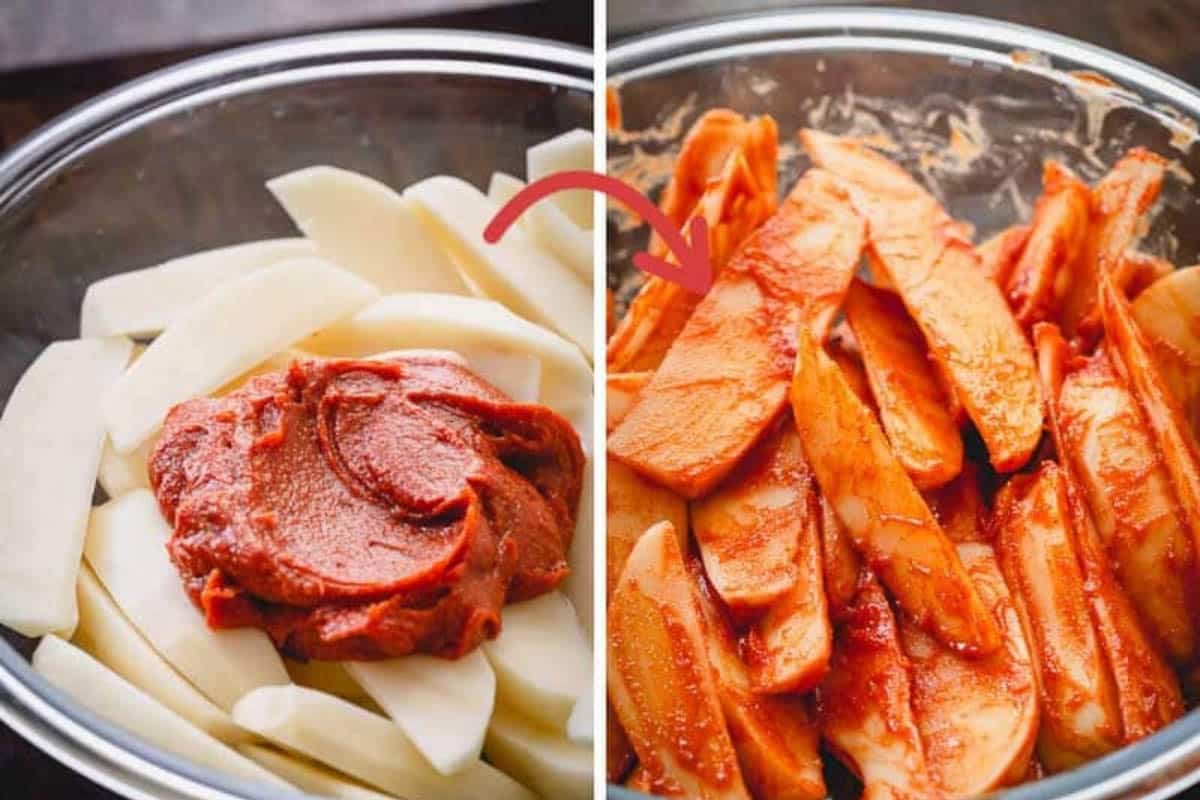 Side by side images of adding the cornstarch mixture over the potato wedges in a glass bowl and potato wedges evenly coated with the mixture.