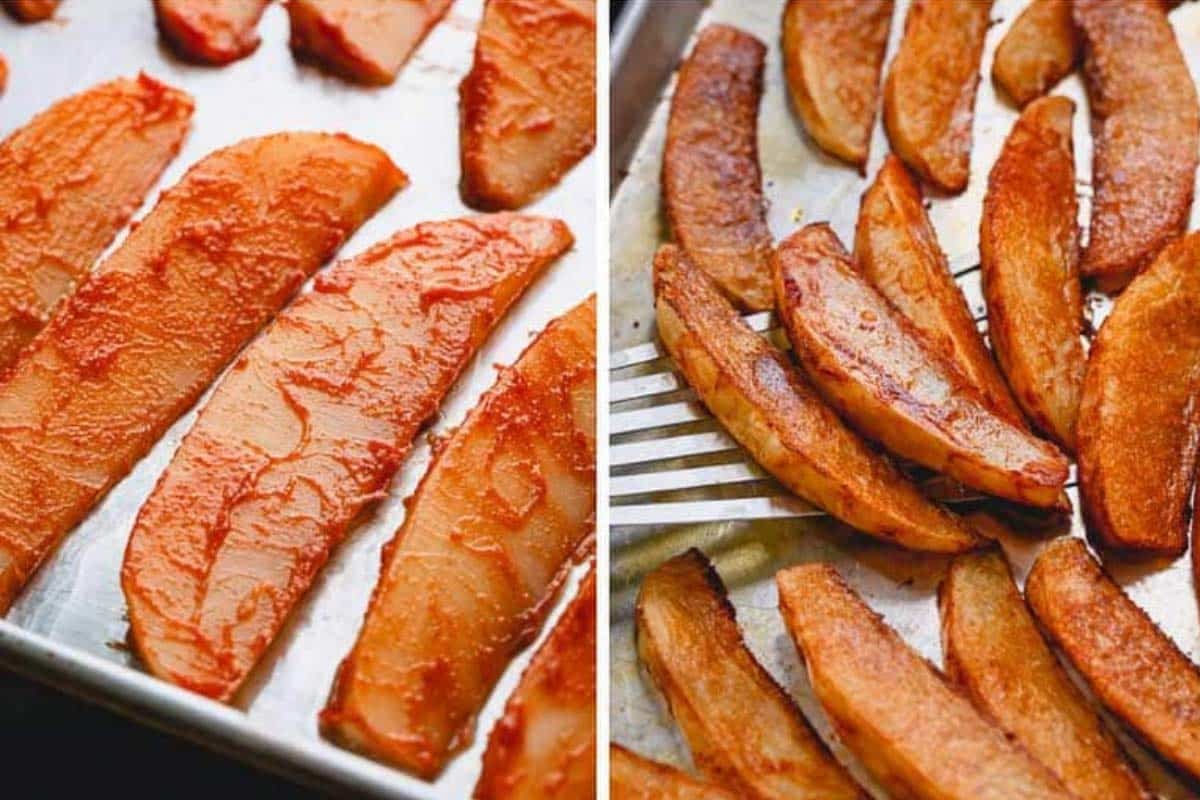 Side by side images of potato wedges coated with orange paste and arranged on the baking sheet before and after baking.