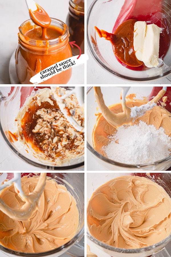 Step by step photos for a FLUFFIEST buttercream frosting! #caramelbuttercream #saltedcaramelbuttercream #buttercreamfrosting