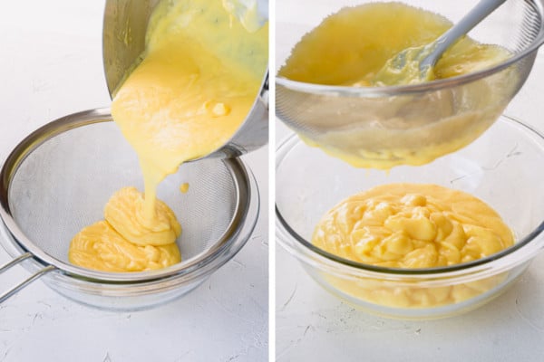 2 side by side images of running the custard through a sieve.