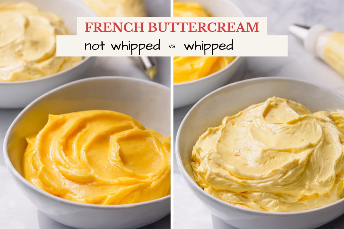 Comparison image of whipped and not whipped French buttercream.