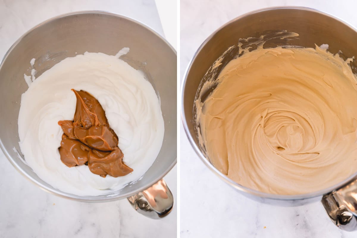 Side-by-side images of making dulce de leche whipped cream.