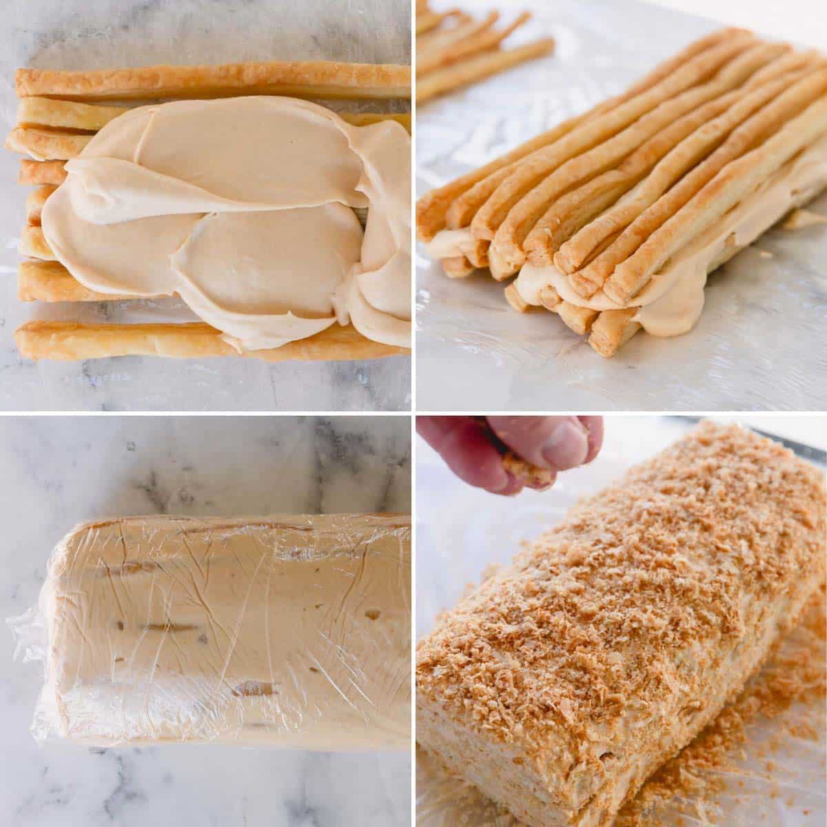 4 step by step images of assembling the puff pastry cake.
