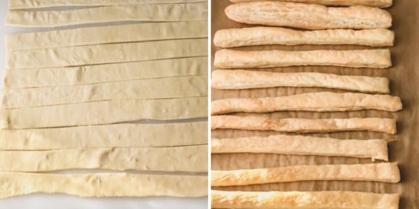 Side by side images of prepare puff pastry sticks.