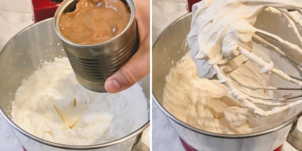Side by side images of making dulce de leche whipped cream.