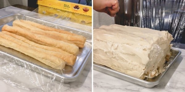 Side by side images of assembling puff pastry cake.