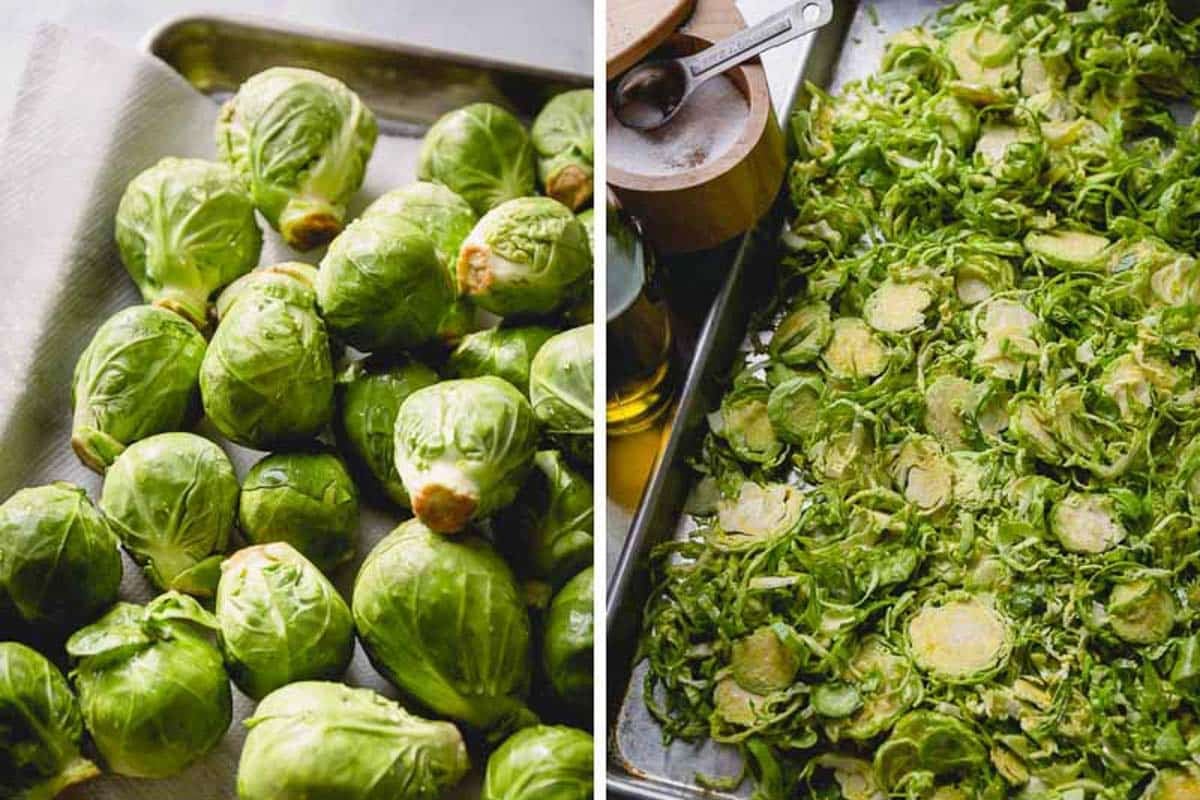 Side by side images of whole and shaved brussels sprouts on a baking sheet.