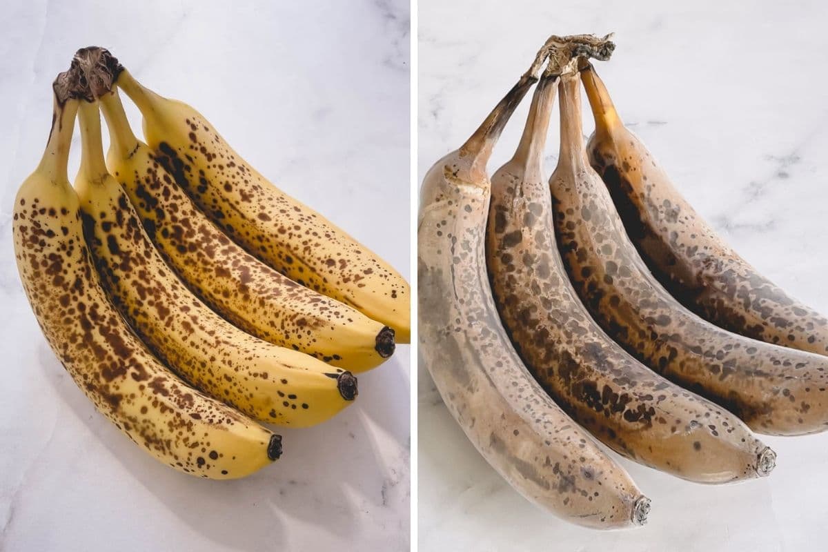 Side by side image of ripe and frozen bananas.