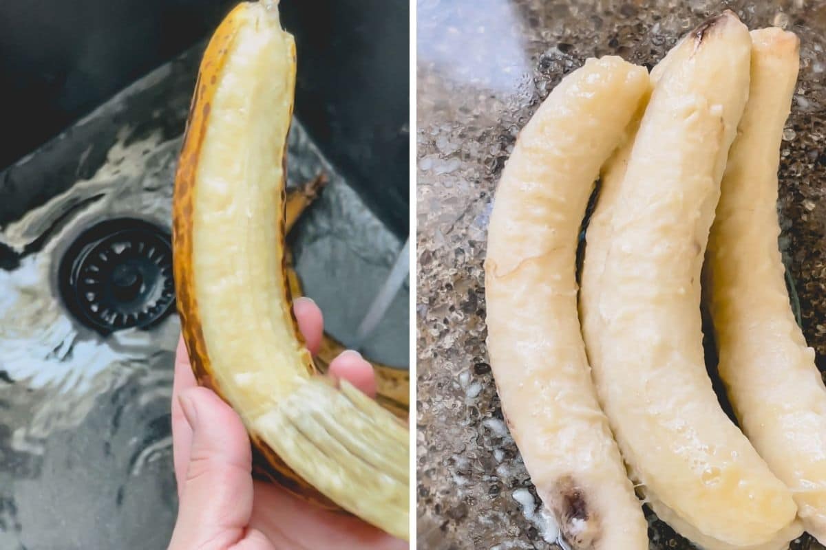 Side by side images of peeling frozen bananas.