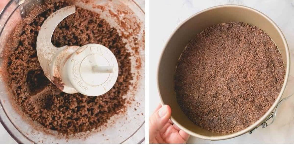 Side by side images of crushed cookies in a food processer and pressed into the bottom of a springform pan.