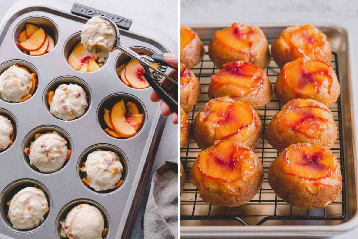 Side by side images of making peach upside down cupcakes.