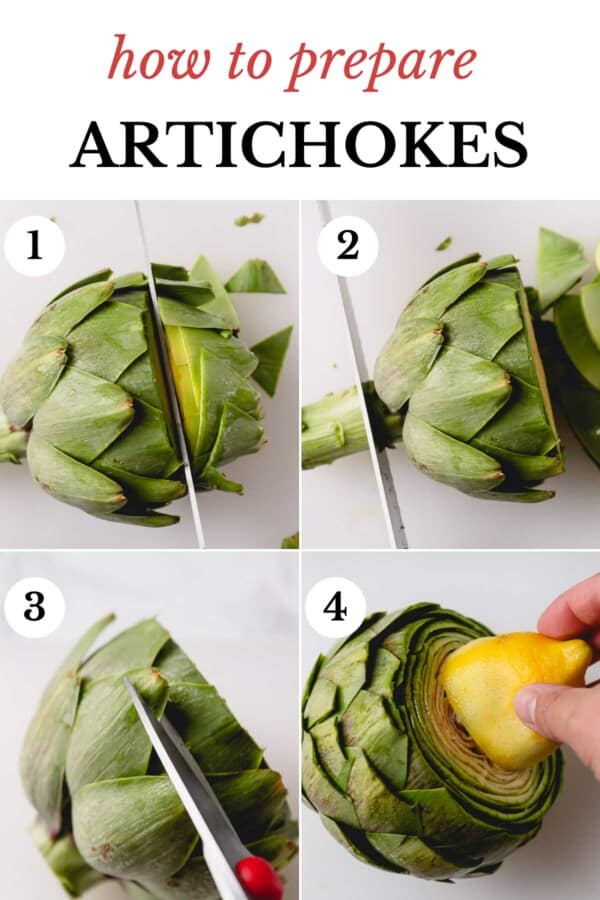 Step by step photo collage of preparing an artichoke.