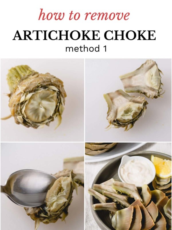 Step by step photo collage of removing the hairy choke from artichoke heart.