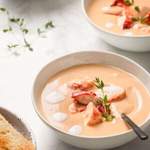 Lobster Bisque in bowl with spoon