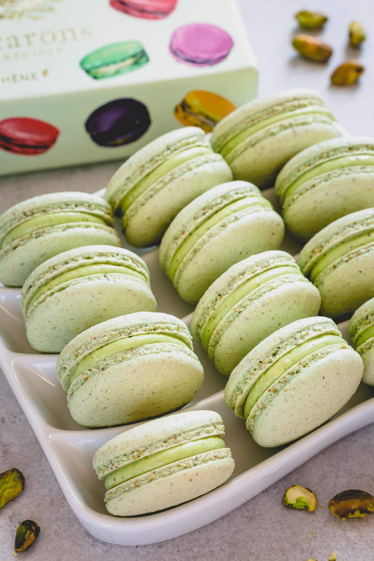 pistachio macarons on a serving plate