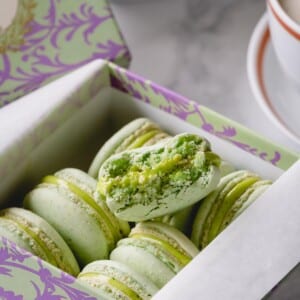 Pistachio Macarons in a box