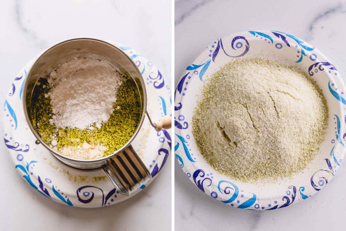 Side by side images of dry ingredients in a sifter and sifted dry ingredients on a paper plate.