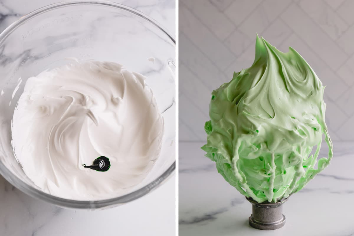 Side by side images of white meringue at soft peak stage with a drop of food coloring and green meringue on a whisk at the stiff peak stage.