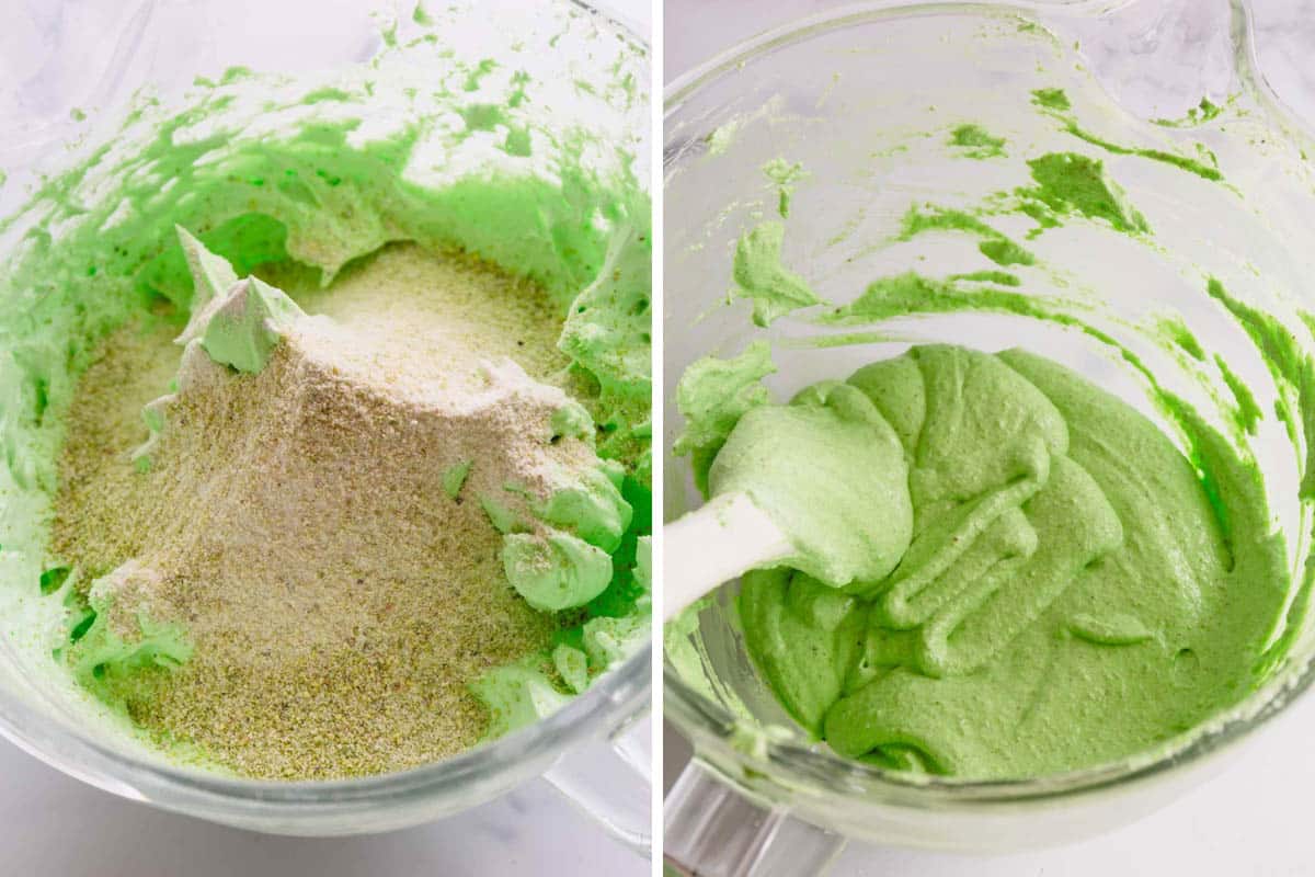 Side-by-side images of mixing dry ingredients into the meringue.