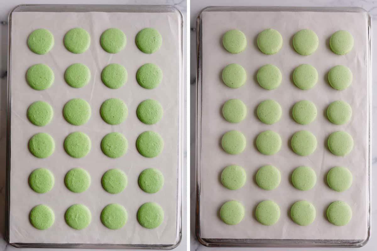 Side-by-side images of pistachio macaron shells before and after baking.