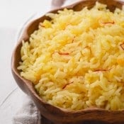 Saffron Rice in wooden bowl