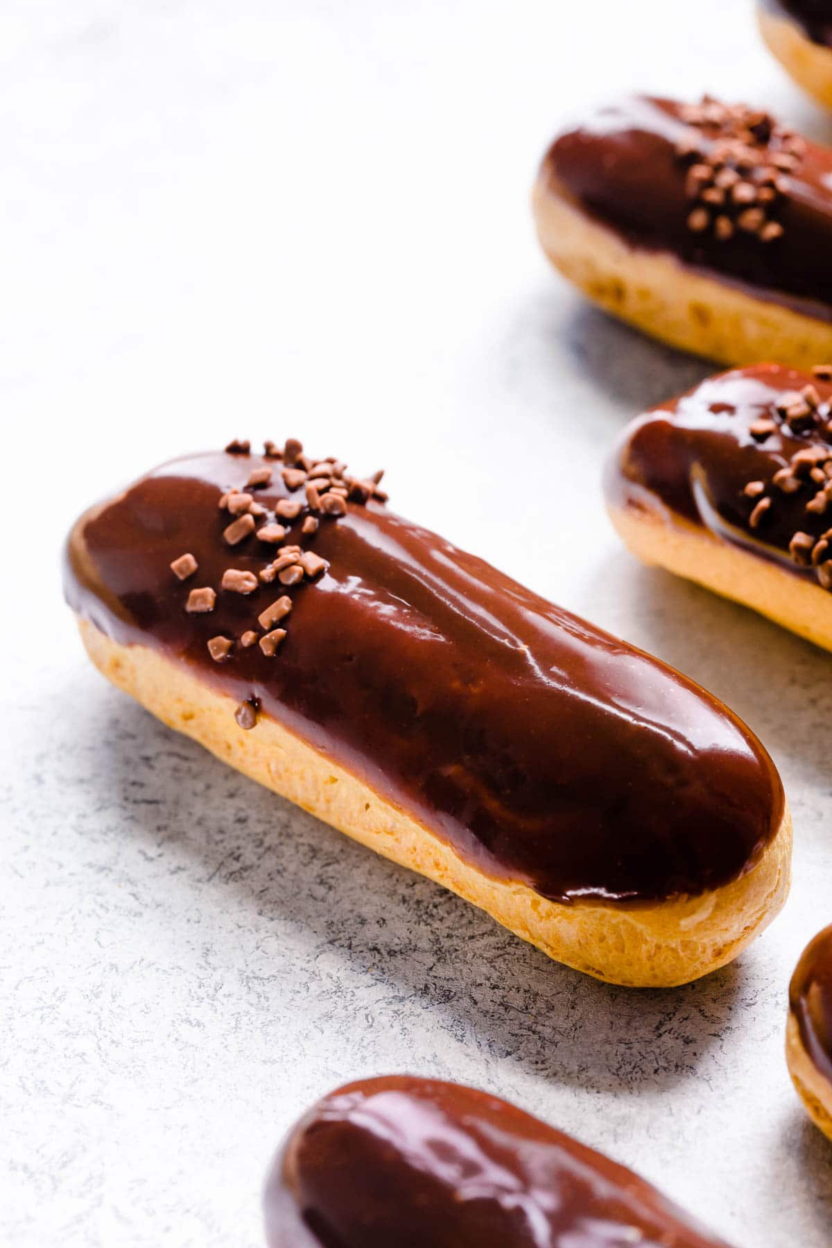 Upclose shot of chocolate eclair.