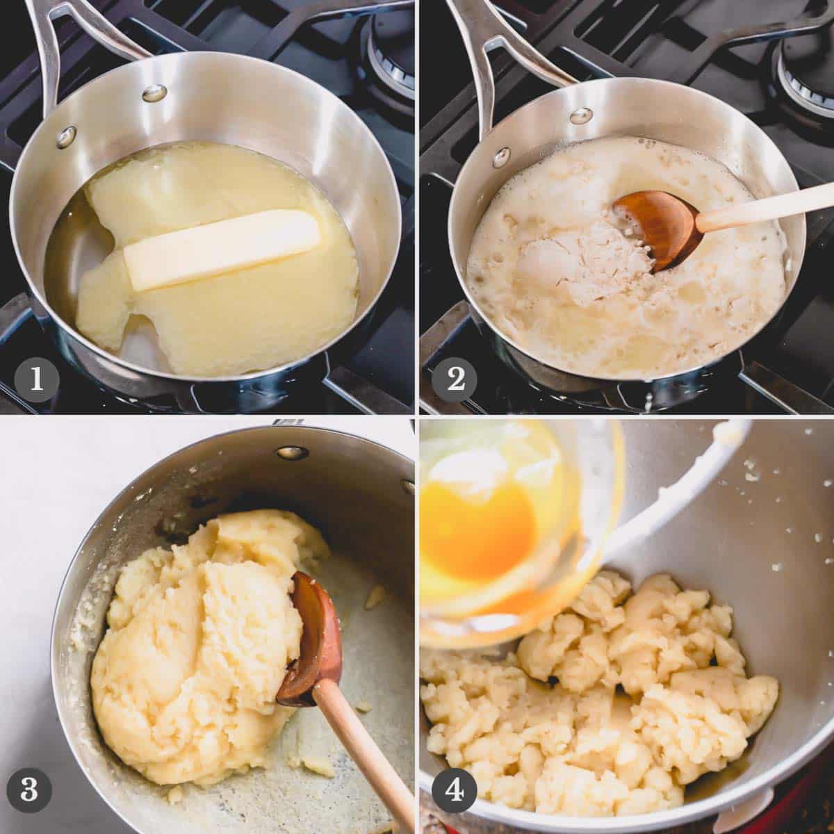 Step by step photos of making eclair dough.