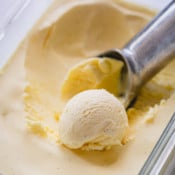 vanilla ice cream in plastic tub and ice cream scoop.