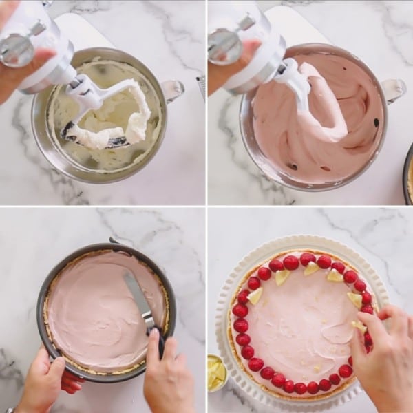4 step by step photos of making cheesecake filling.