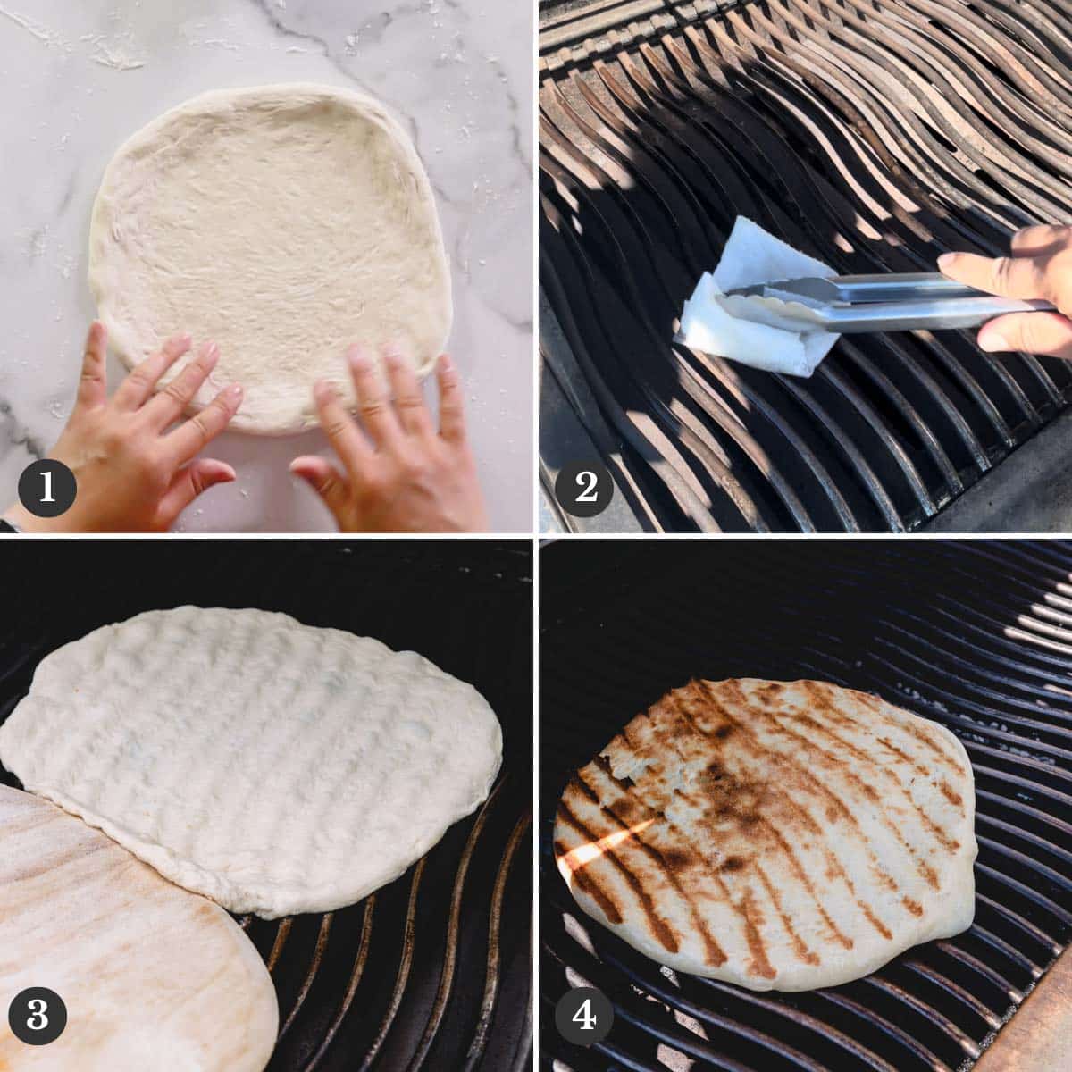 Step by step collage photos of grilling pizza crust.