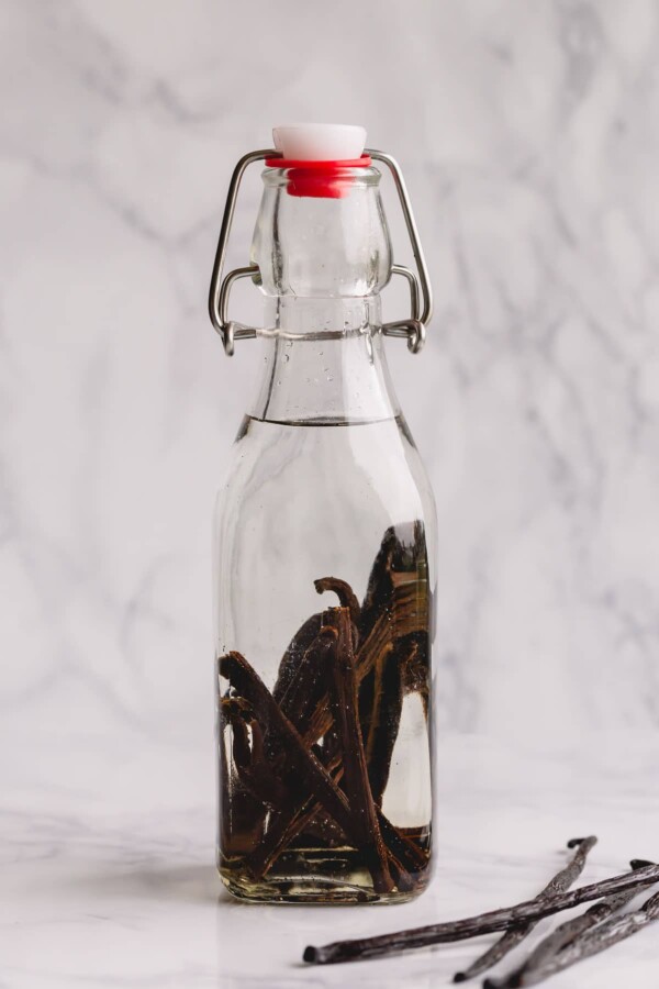 A freshly made bottle of homemade vanilla extract.