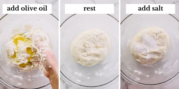 Step by step photos of adding olive oil and salt into pizza dough.