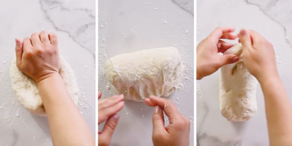 step by step photos of kneading pizza dough.