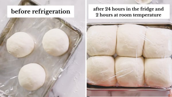 Side by side image of pizza dough balls before and after slow-rise.