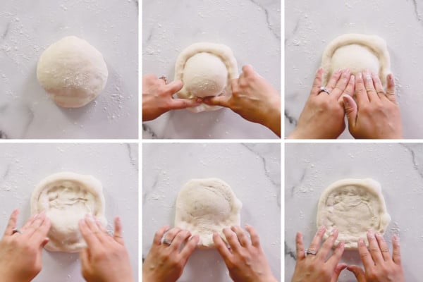 Step by step photos of shaping pizza dough.