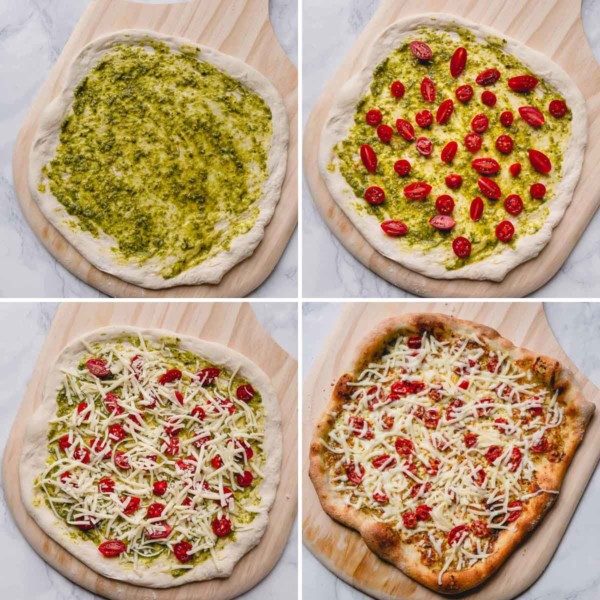 step by step collage photo of making pizza.