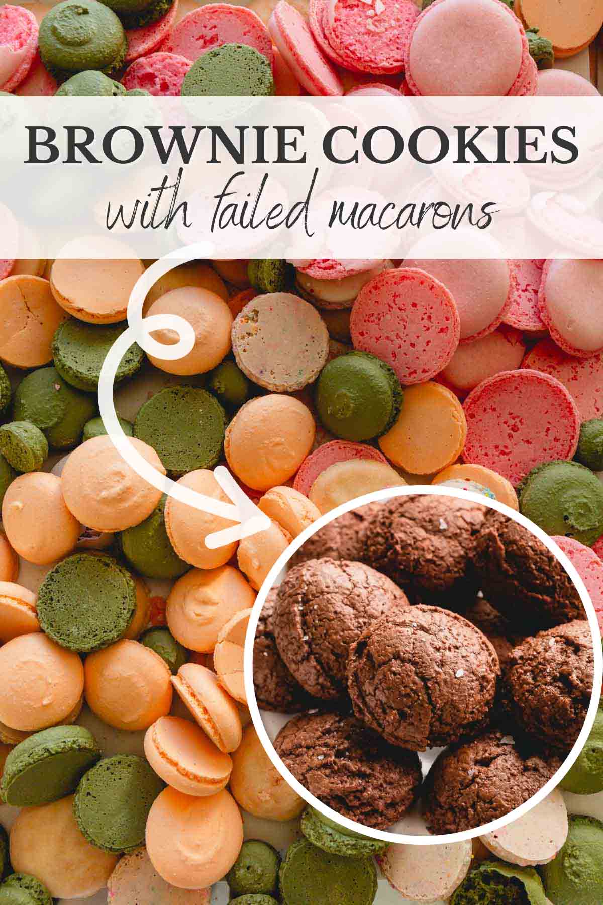 Background of failed colorful macaron shells with a small image of brownie cookies.