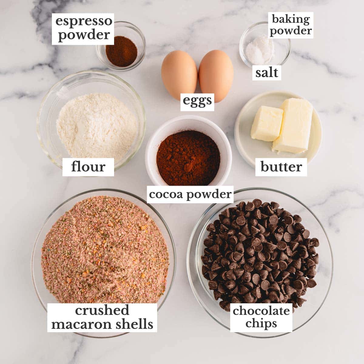 Macaron Brownie Cookie ingredients.