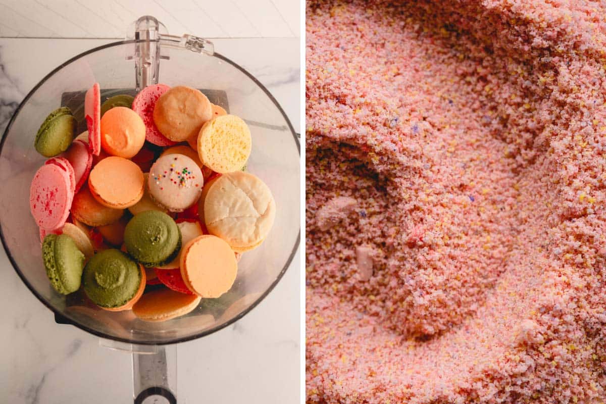 Side by side images of failed macaron shells in a food processor and macaron shells powder.